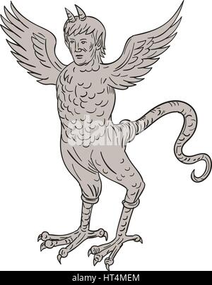 `Drawing sketch style illustration of an ancient 16th century monster with horned human head body of an eagle and serpentine tail standing viewed from Stock Vector